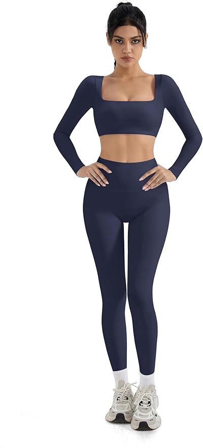 SUUKSESS Women 2 Piece Workout Sets Compression Tummy Control Leggings with Pockets Long Sleeve Square Neck Padded Crop Tops