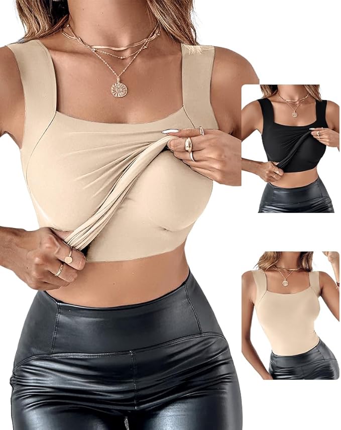 CHICME Womens U Neck Shapewear Built-in Bra Tank High Strechy Sleeveless Slim Fit Tops Camisole Workout Tops