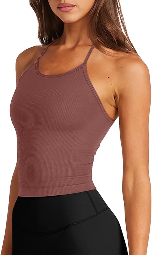 LASLULU Womens Sports Bra Seamless Long Crop Tank Racer Back Spaghetti Strap Workout Yoga Bra Padded Halter Neck Casual Tops