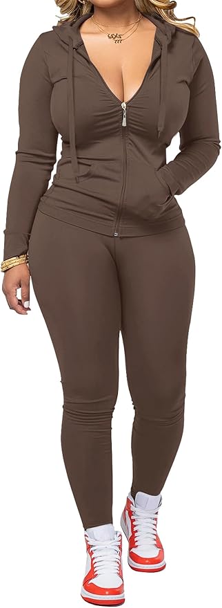 AUXDIO Women 2 Piece Outfits Casual Workout Sets Bodycon Tracksuit Zip Up Long Sleeve Hoodle Jacket Jogger Pants Set