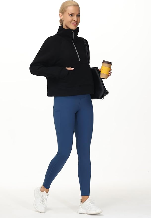 THE GYM PEOPLE Womens' Half Zip Pullover Fleece Stand Collar Crop Sweatshirt with Pockets Thumb Hole