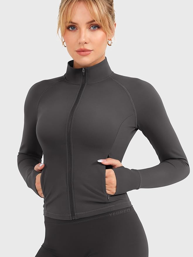 YEOREO Women Full Zip Workout Jacket with Pockets Thumb Hole Long Sleeve Athletic Cropped Jackets Gym Yoga Top