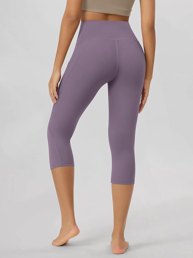 ODODOS Women's High Waisted Yoga Capris with Pockets, Tummy Control Non See Through Workout Athletic Running Capri Leggings