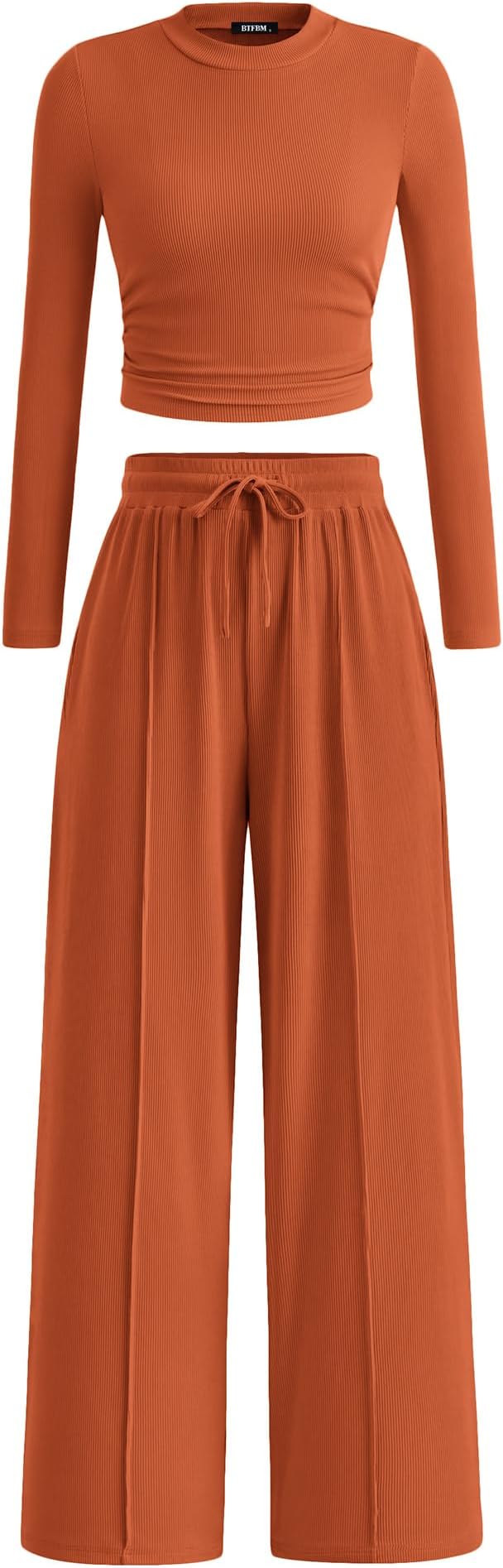 BTFBM Casual 2 Piece Sets For Women Fall Outfits 2026 Ribbed Spring Long Sleeve Crop Top Wide Leg Pants Matching Lounge Set