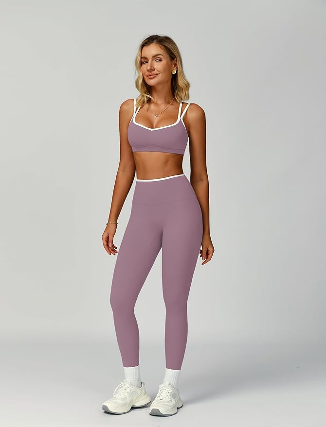 ABOCIW Two Piece Workout Sets for Women Color Block Strappy Sports Bra High Waist Leggings Yoga Pilates Outfits