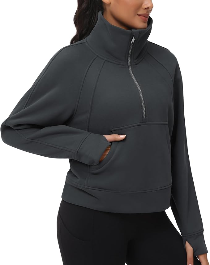 THE GYM PEOPLE Womens' Half Zip Pullover Fleece Stand Collar Crop Sweatshirt with Pockets Thumb Hole