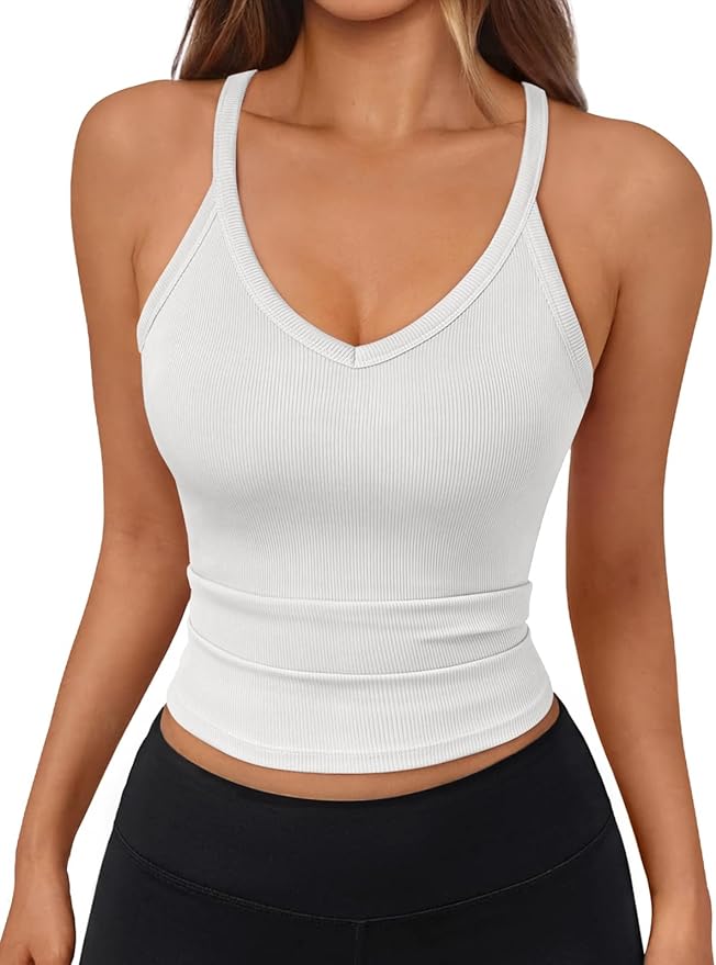 Trendy Queen Womens Racerback Ribbed Tank Tops Soft Stretch V Neck Workout Casual Tops Summer Sleeveless Crop Camisole