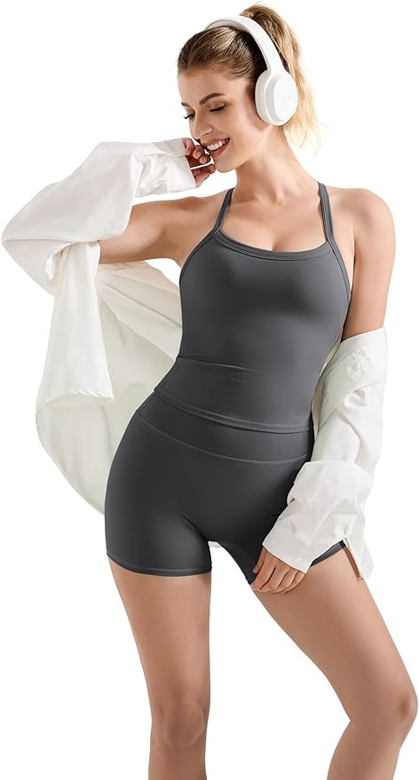 SUUKSESS Women 2 Piece Workout Sets High Waisted Tummy Control Biker Shorts Halter Padded Tank Tops