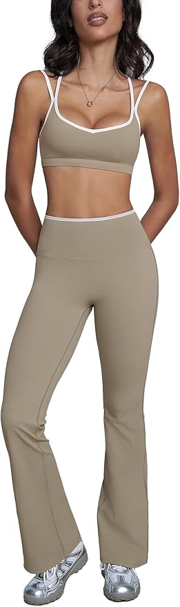 ABOCIW Workout Sets for Women 2 Piece Color Block Strappy Sports Bra High Waist Flare Leggings Gym Yoga Pilates Outfits