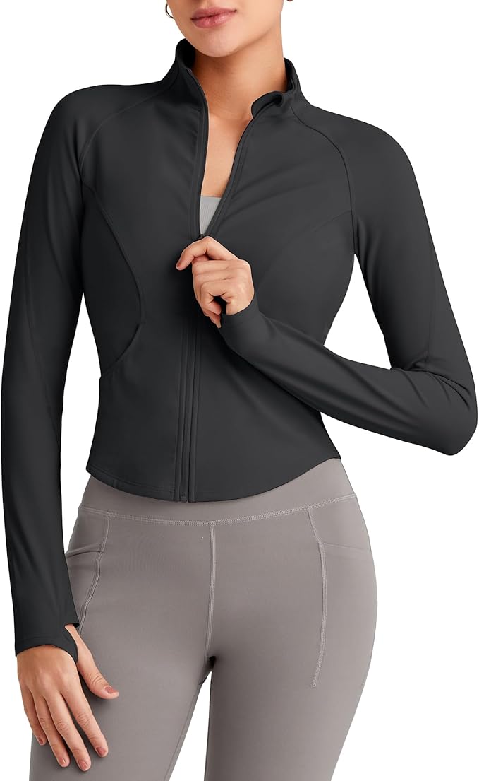 G4Free Workout Jackets for Woman BareFeel Cropped Zip Up Athletic Running Jacket Slim Fit Yoga Tops with Thumb Holes
