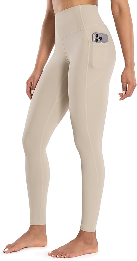 ENERBLOOM Workout Leggings with Pockets for Women High Waist Yoga Pants 25"/28" Cream Soft Lightweight Athletic Gym Tights