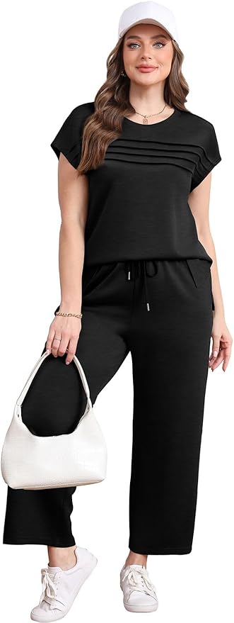 WIHOLL Two Piece Sets for Women Summer Spring Travel Vacation Outfits Cap Sleeve Lounge Matching Sets Wide Leg Pants S-3XL