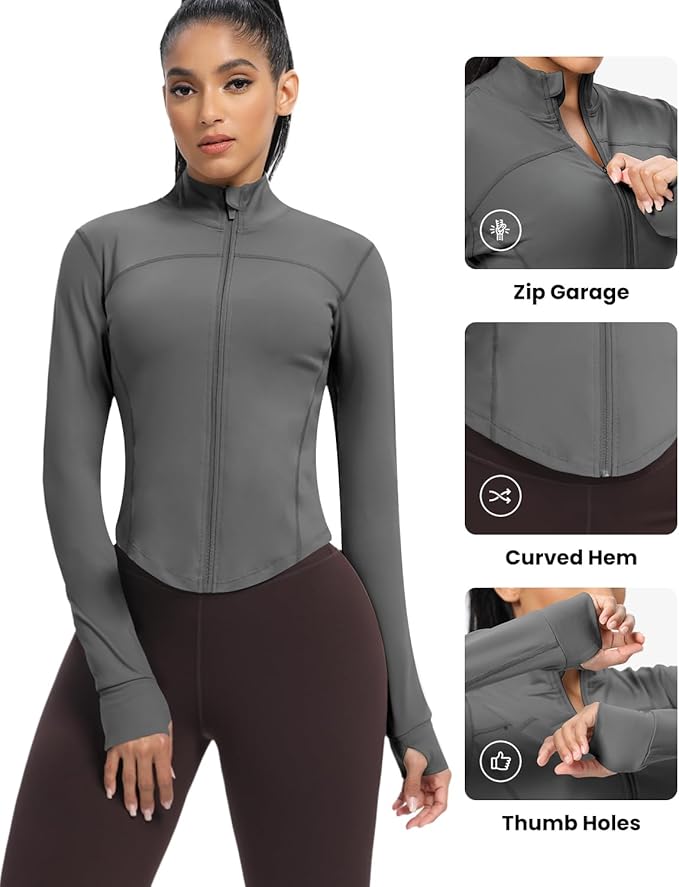 AVGO Women's Cropped Running Workout Jackets Zip Slim Fit Athletic Tops with Thumb Holes