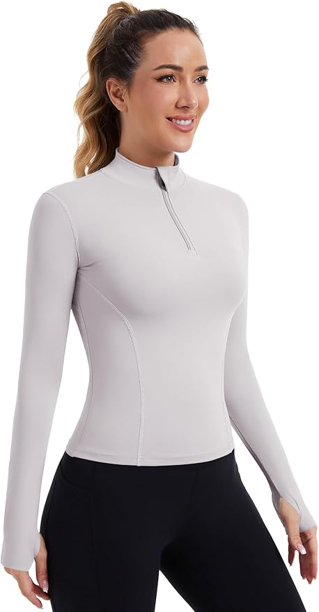 ZHENWEI Womens Workout Tops Long Sleeve Quarter Zip Pullover Quick Dry Golf Shirt Athletic Slim Fit Crop Yoga Gym Tops