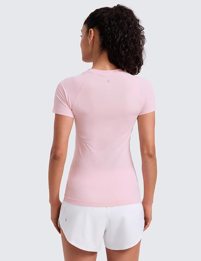 CRZ YOGA Seamless Workout Tops for Women Hip Length - Athletic Running Gym Yoga Short Sleeve Shirts Breathable Crewneck Tees