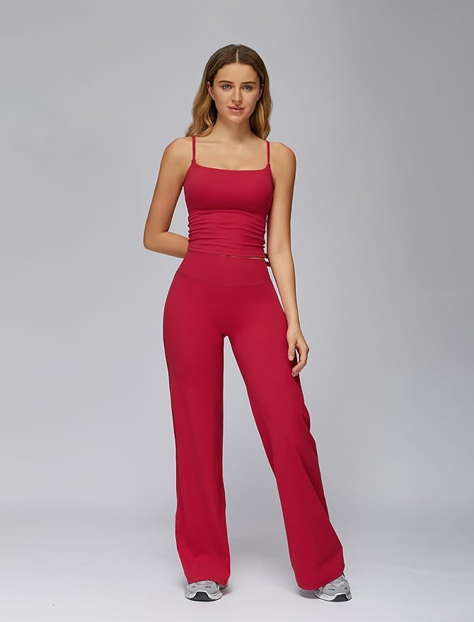 QBGJTD Womens Workout Sets Two Piece Spaghetti Straps Crop Top Matching Straight Leg Pants Gym Work Pilates Outfits