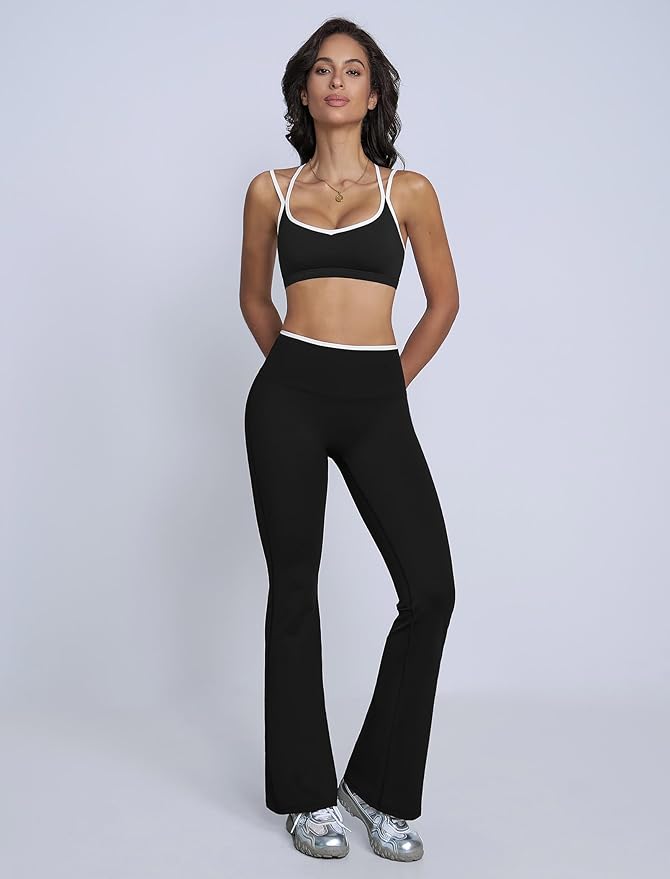 ABOCIW Workout Sets for Women 2 Piece Color Block Strappy Sports Bra High Waist Flare Leggings Gym Yoga Pilates Outfits