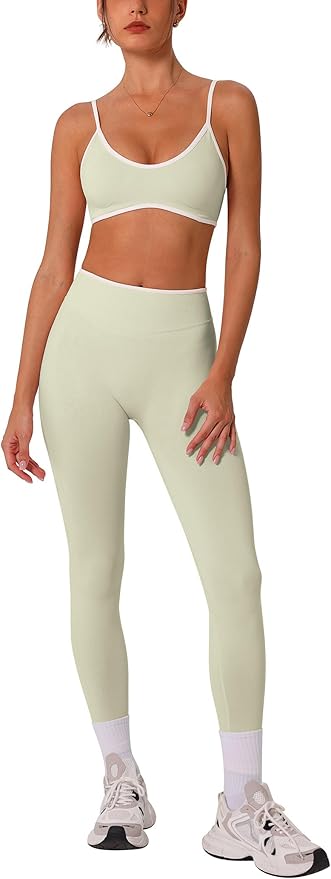 ABOCIW Womens 2 Piece Workout Sets Seamless Color Block Sports Bra Scrunch Butt Lifting High Waist Leggings Gym Set