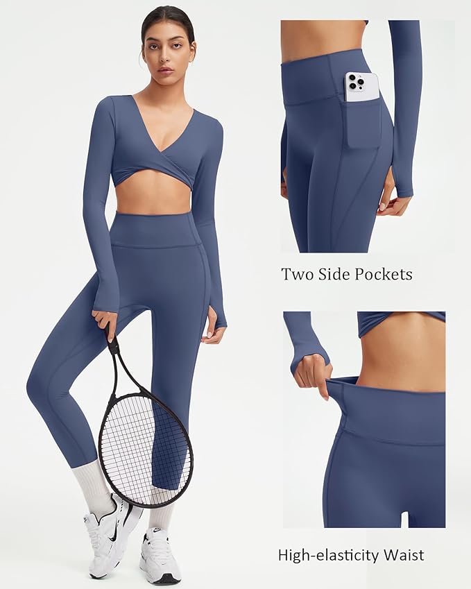SUUKSESS Women 2 Piece Workout Sets Long Sleeve Twist Deep V Crop Padded Tops Yoga Leggings with Side Pockets