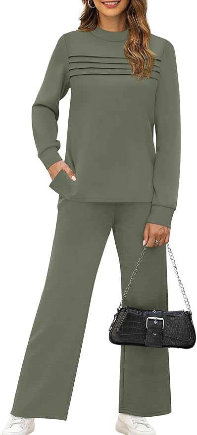 WIHOLL Two Piece Sets for Women Spring Travel Vacation Outfits 2026 Long Sleeve Lounge Sets Side Slit Wide Leg Pants S-3XL