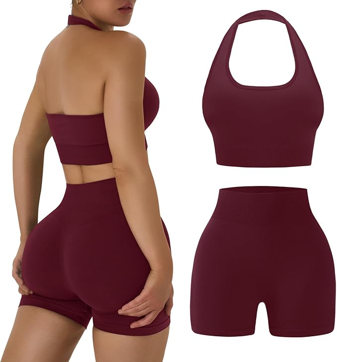 OLCHEE Workout Sets for Women 2 Piece Backless Halter Sports Bra High Waist Booty Shorts Yoga Gym Outfits Lounge Activewear