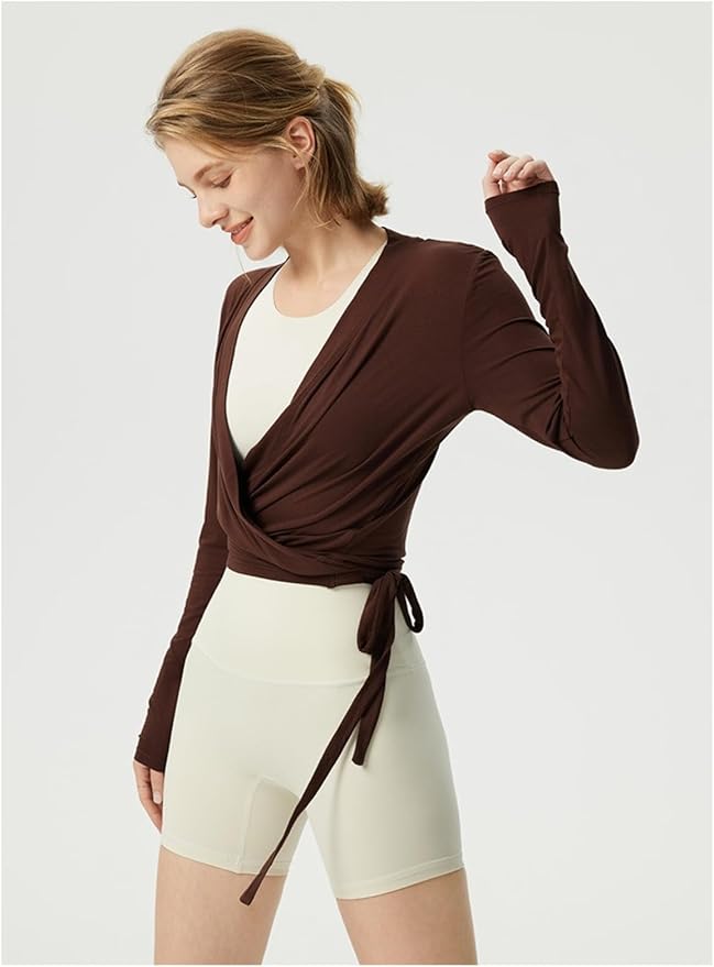 Yoga outfit with feminine temperament, cross V-neck, slimming effect, pleated waist, slim fit, sports long sleeved outfit