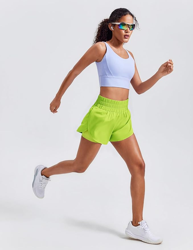 PINSPARK Women's 2 in 1 Running Shorts High-Split Athletic Short High Waisted 3" Liner Workout Gym Short with Pockets