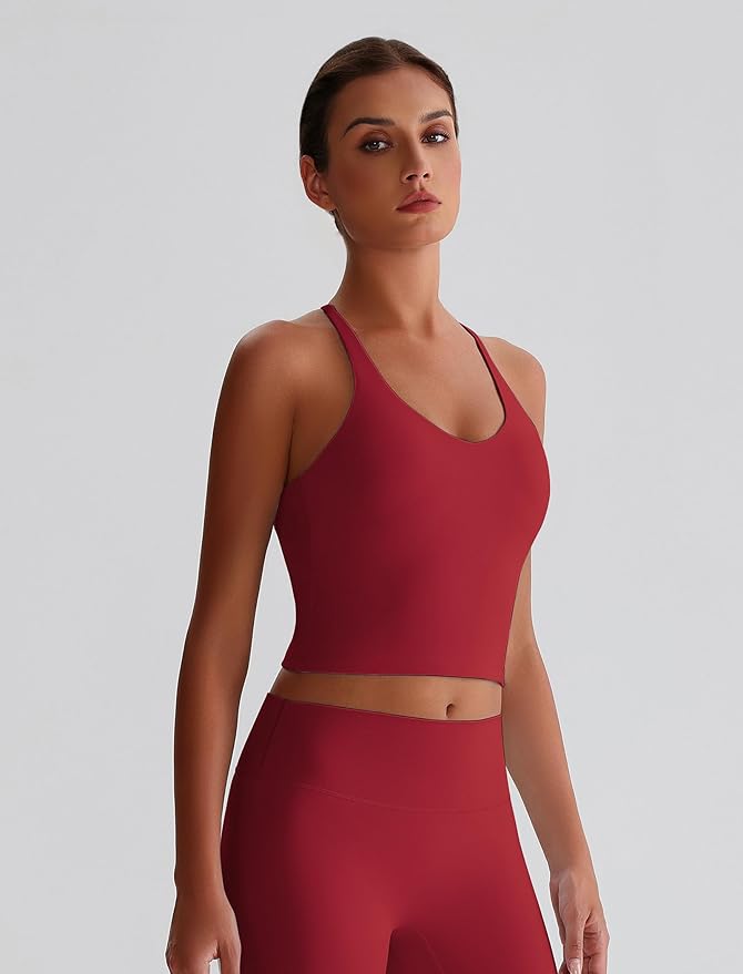 ABOCIW Womens Cross Back Workout Crop Tank with Built in Bra V Neck Longline Sports Bra Gym Shirt Yoga Pilates Top