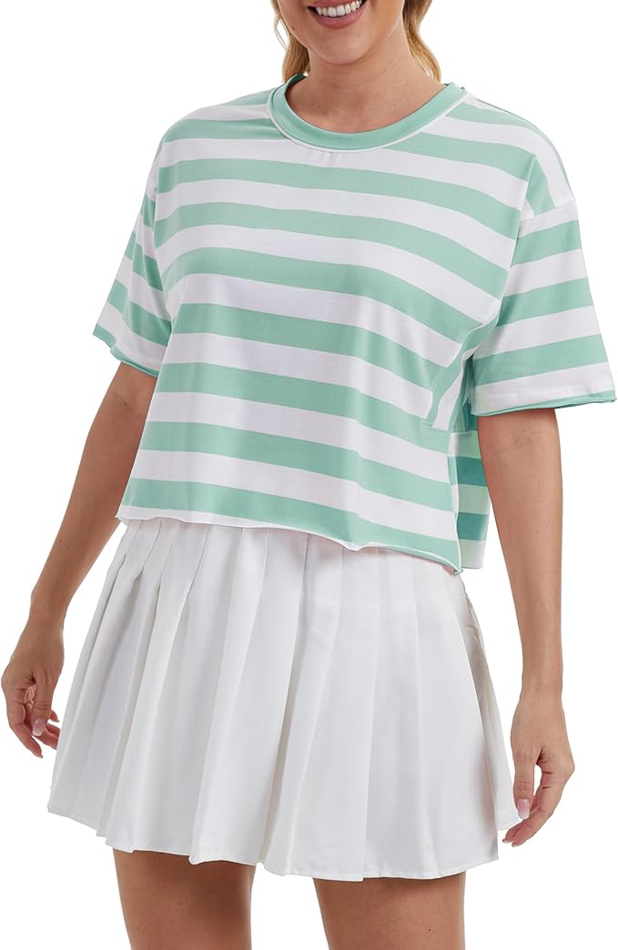 Women's Oversize Workout Crop Tops Casual Short Sleeve Drop Shoulder Boxy T-Shirts Roll Hem Basic Loose Yoga Running Tees