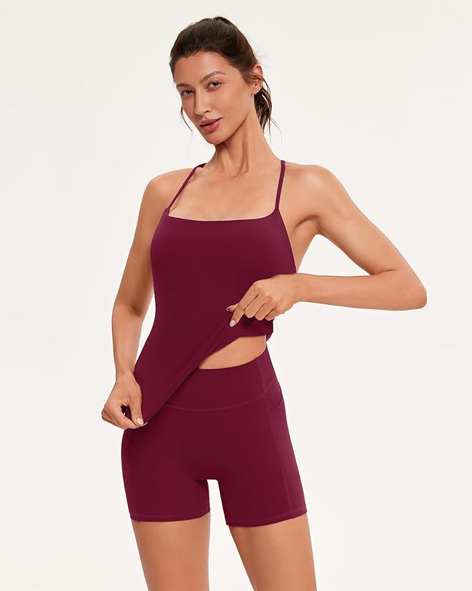 OMKAGI Workout Sets for Women Cute Spaghetti Strap Tank Tops Booty Shorts Outfits with Pockets