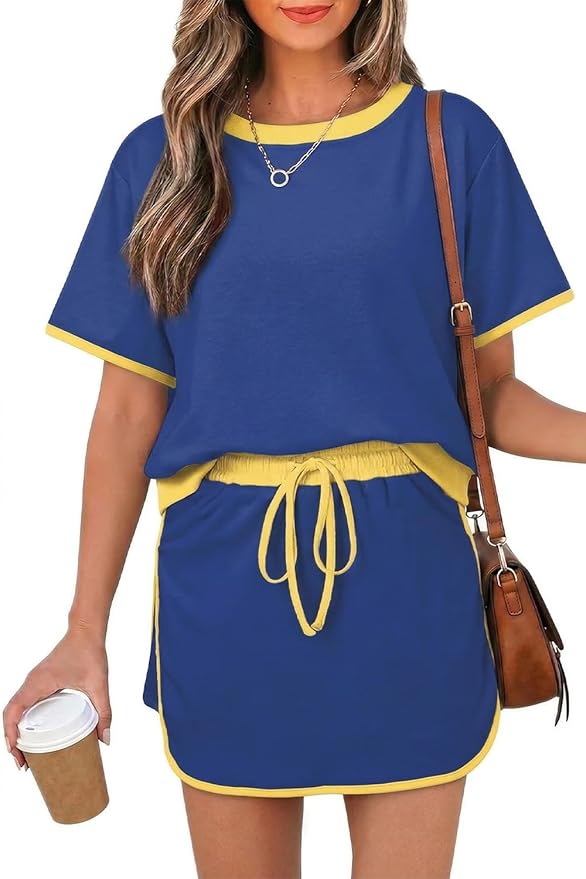 Opemiby Womens 2 Piece Skort Set 2026 Color Block Short Sleeve Top Drawstring Skort Matching Sets Casual Lounge Summer Outfit