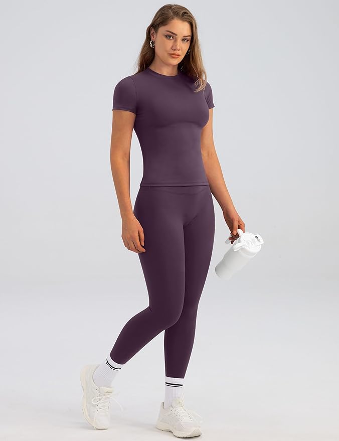 Relety Womens Two Piece Workout Sets Slim Fit Short Sleeve Shirt High Waist Leggings Yoga Outfits Matching Gym Set