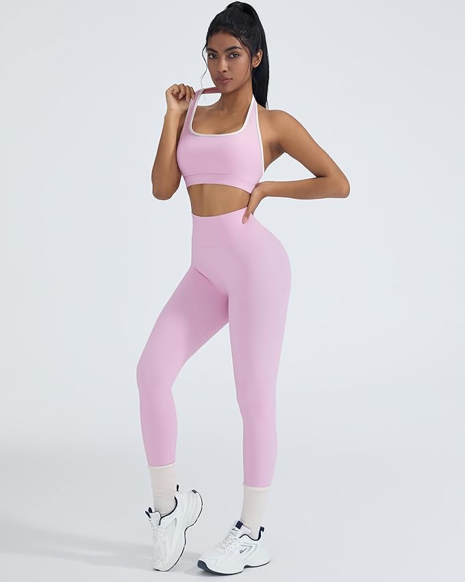 OMKAGI 2 Piece Workout Sets for Women Halter Sports Bras Gym Sets Booty Leggings Outfits