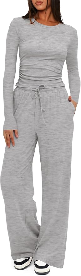 Darong Women's 2 Piece Outfits Lounge Sets 2026 Long Sleeve Tops Wide Leg Pants Casual Matching Set