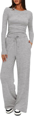 Darong Women's 2 Piece Outfits Lounge Sets 2026 Long Sleeve Tops Wide Leg Pants Casual Matching Set