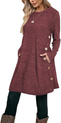 Poetsky Women Long Sleeve Tunic Tops to Wear with Leggings Side Buttons Long Shirts Rib Sweater Dress with Pockets S-3XL