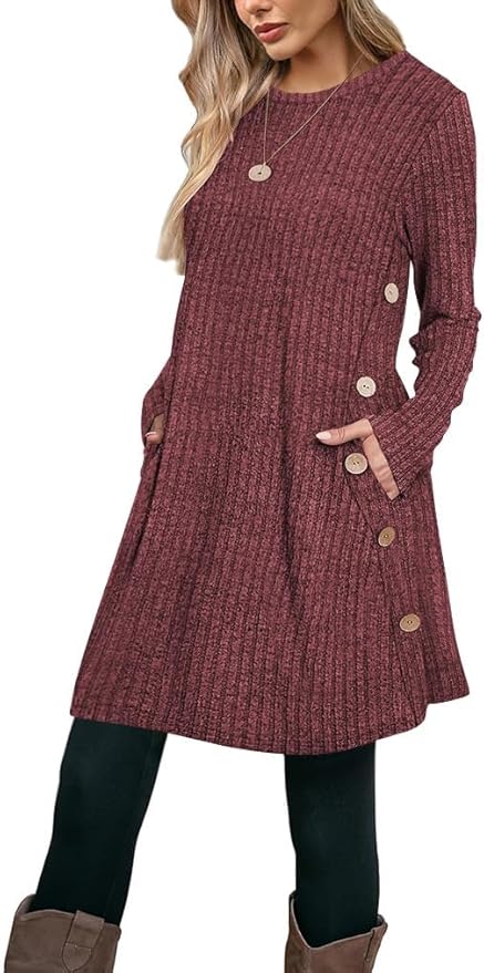 Poetsky Women Long Sleeve Tunic Tops to Wear with Leggings Side Buttons Long Shirts Rib Sweater Dress with Pockets S-3XL