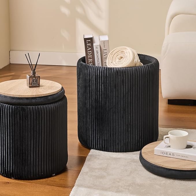 BLEXA Round Set of 2 Ottoman with Storage-Upholstered Velvet Vanity Stool for Makeup Multifunctional Ottomans Coffee Table Padded Seat Foot Rest for Living Room&Bedroom (Black)