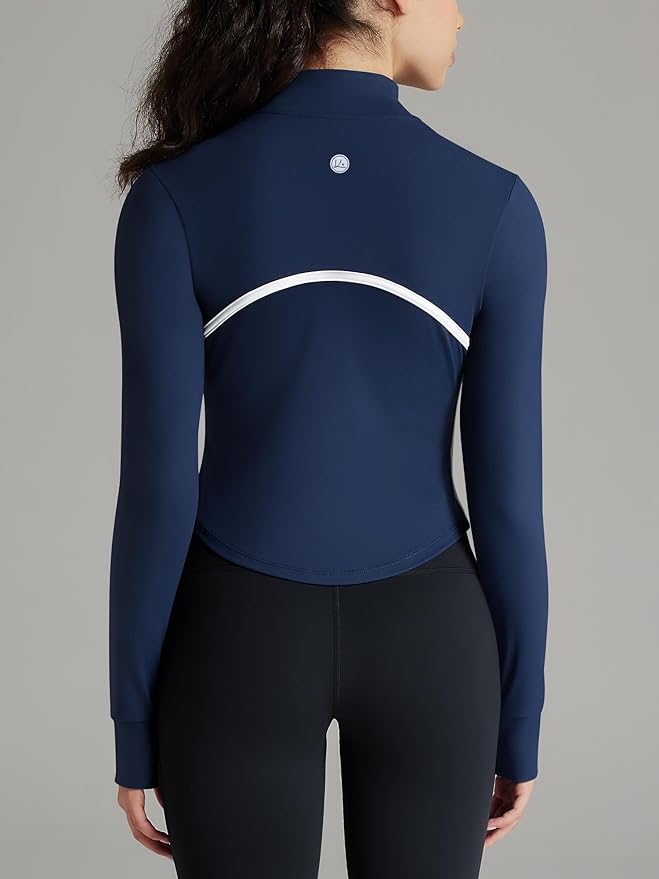 Women Workout Jacket Cropped Contrast Seam Zip Up Athletic Jacket Yoga Sportswear with Thumb Holes