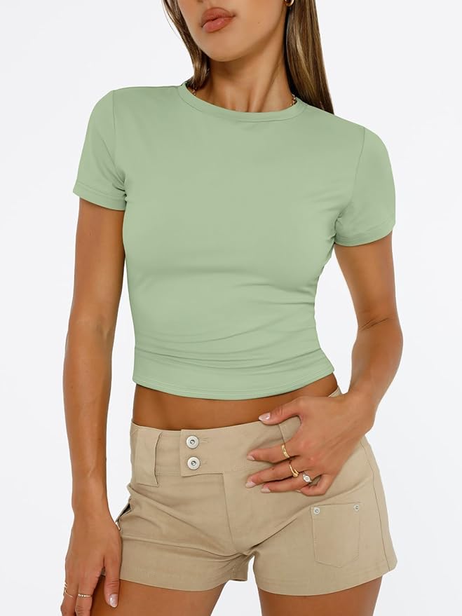 Trendy Queen Womens Short Sleeve T Shirts - Buttery Soft Summer Crop Tops Slim Fit Y2k Basic Tees for Workout