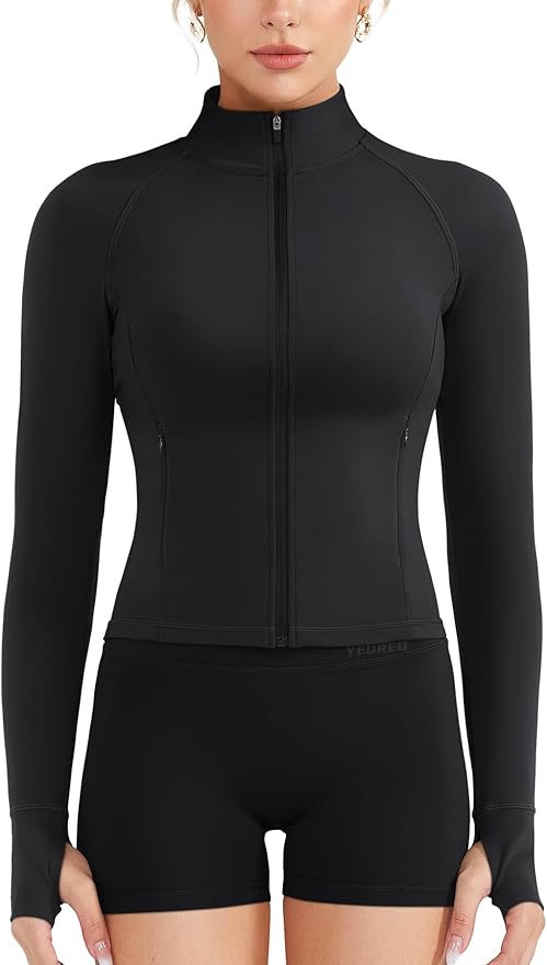 YEOREO Women Full Zip Workout Jacket with Pockets Thumb Hole Long Sleeve Athletic Cropped Jackets Gym Yoga Top