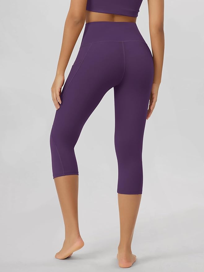 ODODOS Women's High Waisted Yoga Capris with Pockets, Tummy Control Non See Through Workout Athletic Running Capri Leggings