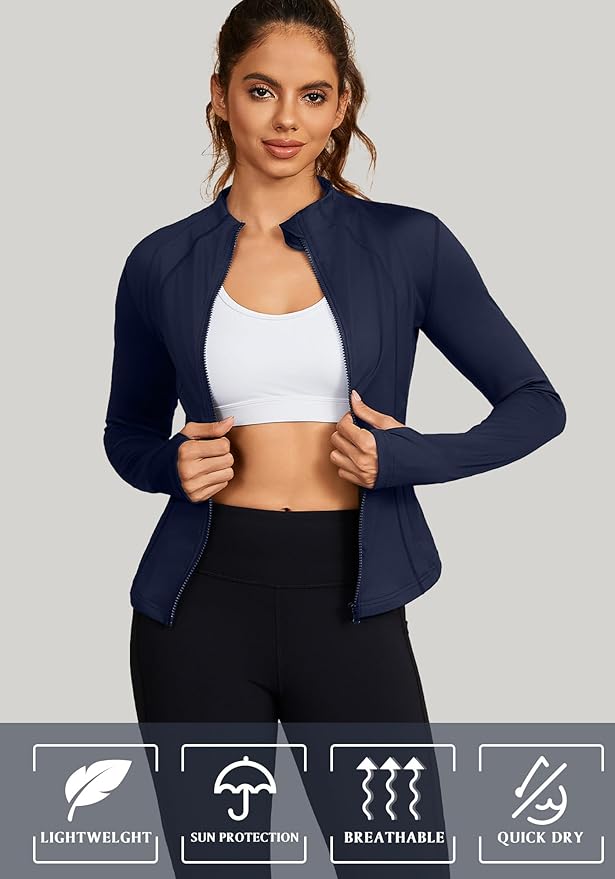 Bosmeer Workout Jackets for Women Lightweight Zip Up Slim Fit Yoga Sportwear Stretchy Crooped Running Jacket with Thumb Holes