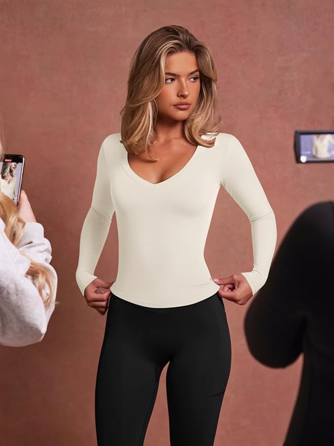 LASLULU Womens Long Sleeve Sexy V Neck T Shirts Basic Workout Tops Athletic Yoga Casual Crop Top