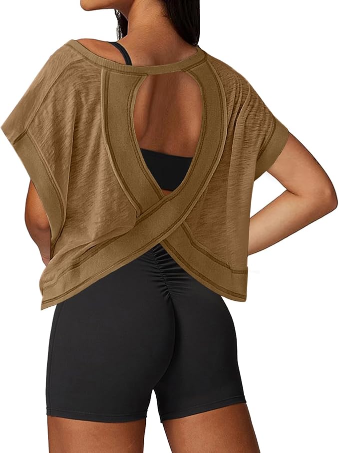 UNIANKIYA Open Back Workout Tops for Women Loose Fit Athletic Crop Tee Short Sleeve Gym Running Yoga Shirt