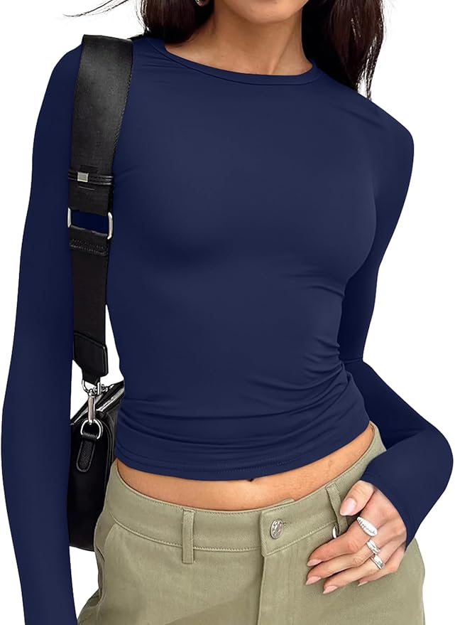Trendy Queen Womens Long Sleeve T Shirts Fall Fashion 2026 Basic Crop Tops Going Out Outfits Y2k Clothes