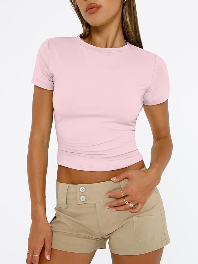 Trendy Queen Womens Short Sleeve T Shirts - Buttery Soft Summer Crop Tops Slim Fit Y2k Basic Tees for Workout