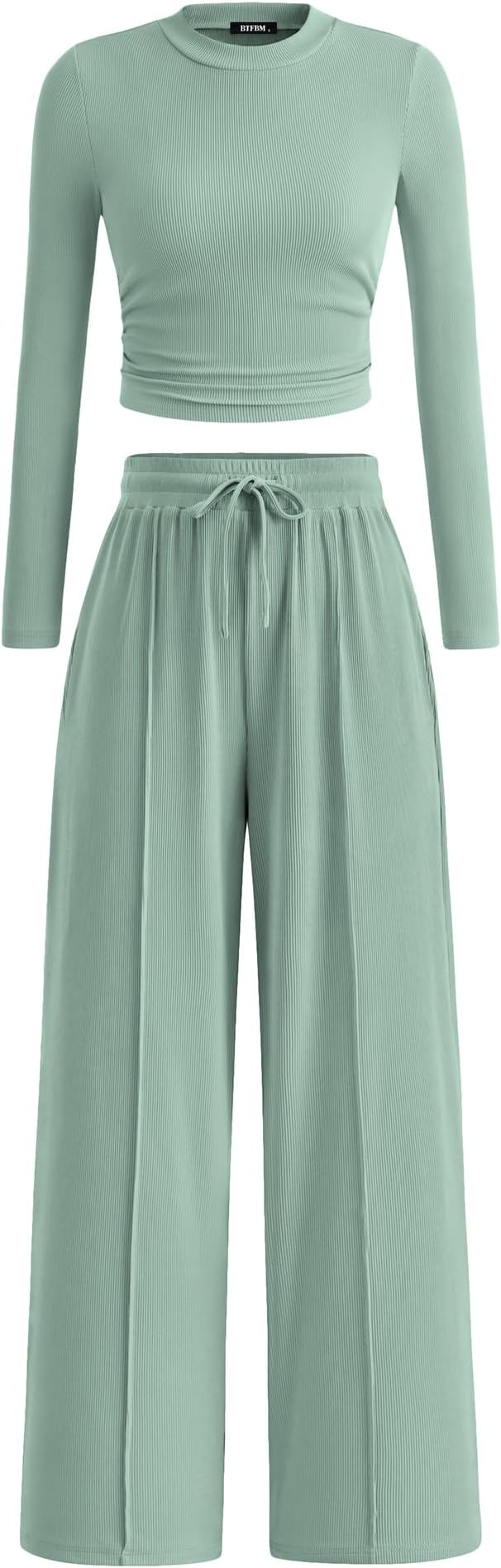BTFBM Casual 2 Piece Sets For Women Fall Outfits 2026 Ribbed Spring Long Sleeve Crop Top Wide Leg Pants Matching Lounge Set