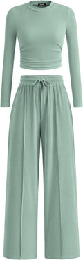 BTFBM Casual 2 Piece Sets For Women Fall Outfits 2026 Ribbed Spring Long Sleeve Crop Top Wide Leg Pants Matching Lounge Set