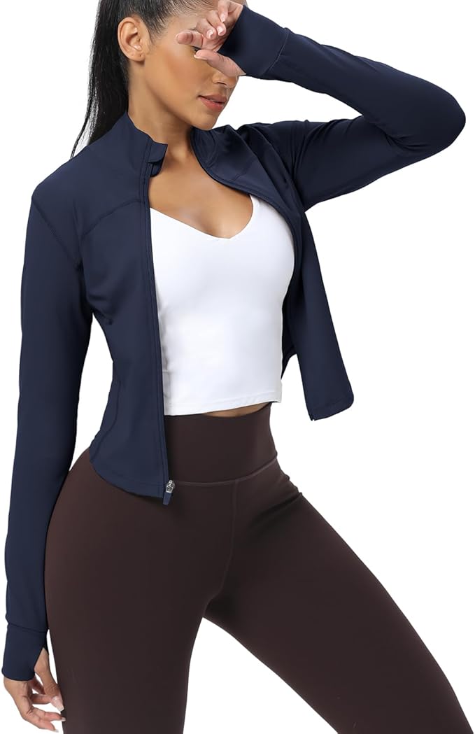 AVGO Women's Cropped Running Workout Jackets Zip Slim Fit Athletic Tops with Thumb Holes